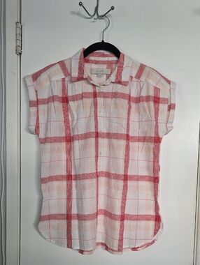 LOFT Pink & White Plaid Short Sleeve Button Shirt